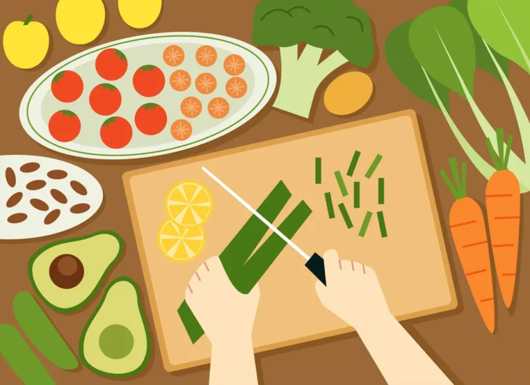 Illustration of hands cutting vegetables on a cuttingboard